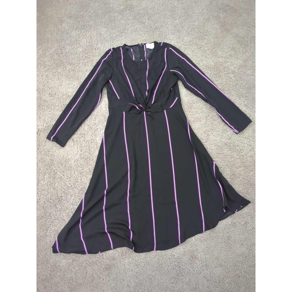 Nine West Dress Womens M Black Purple Stripes Twisted Front Asymmetrical Midi